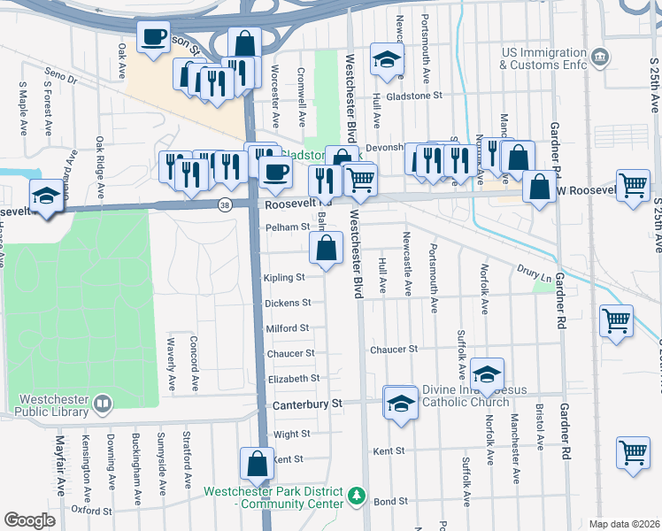 map of restaurants, bars, coffee shops, grocery stores, and more near 1341 Balmoral Avenue in Westchester