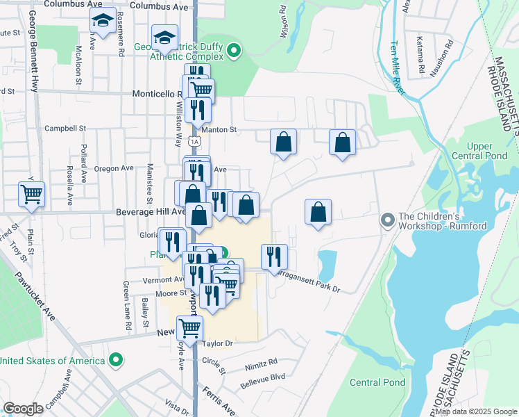 map of restaurants, bars, coffee shops, grocery stores, and more near 701 Beverage Hill Avenue in Pawtucket
