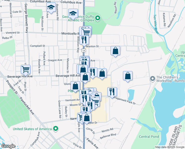 map of restaurants, bars, coffee shops, grocery stores, and more near 681 Beverage Hill Avenue in Pawtucket