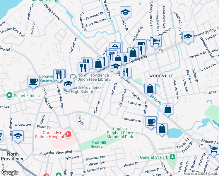 map of restaurants, bars, coffee shops, grocery stores, and more near 87 Barrett Avenue in North Providence