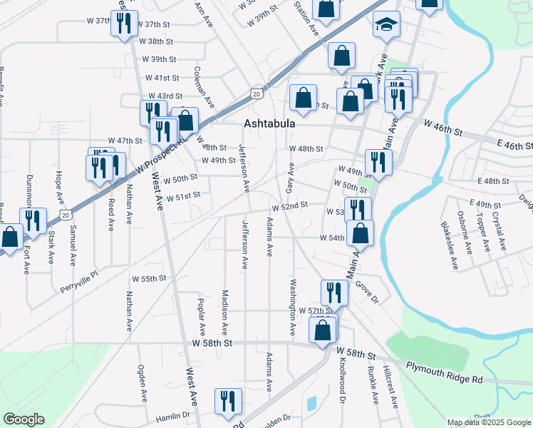 map of restaurants, bars, coffee shops, grocery stores, and more near 5307 Adams Avenue in Ashtabula
