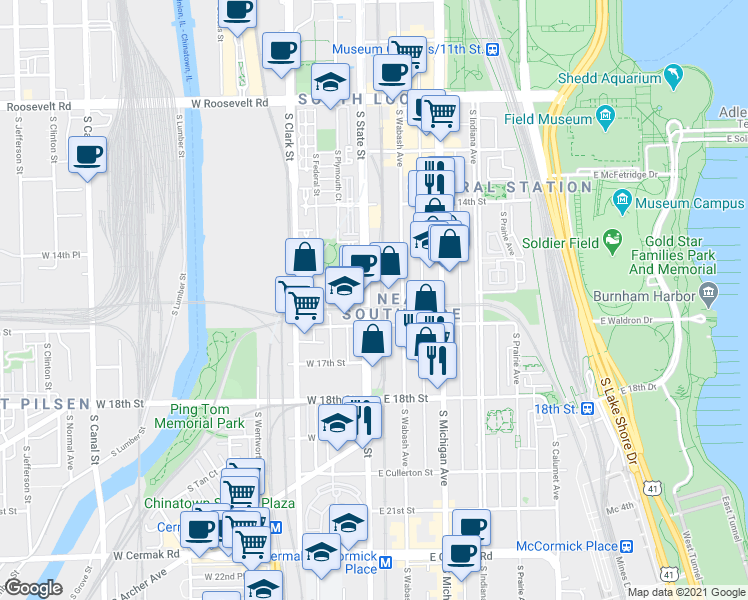 map of restaurants, bars, coffee shops, grocery stores, and more near 10 West 16th Street in Chicago