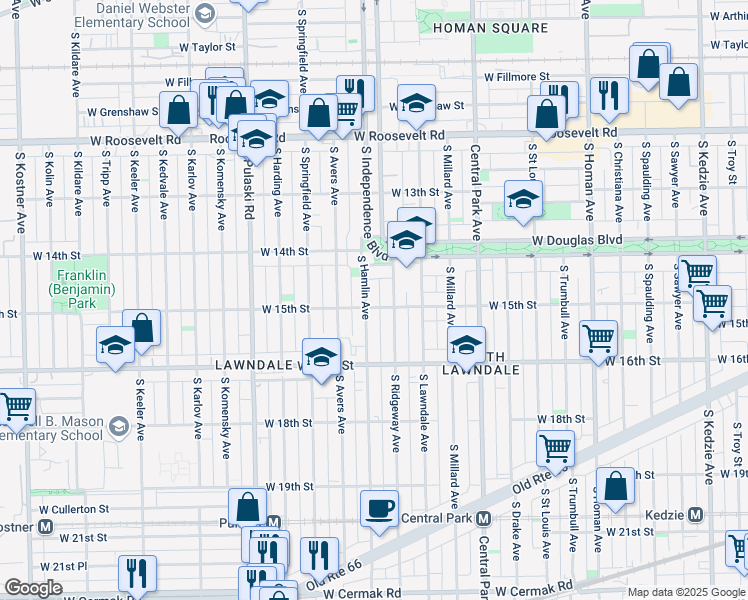 map of restaurants, bars, coffee shops, grocery stores, and more near 1507 South Hamlin Avenue in Chicago