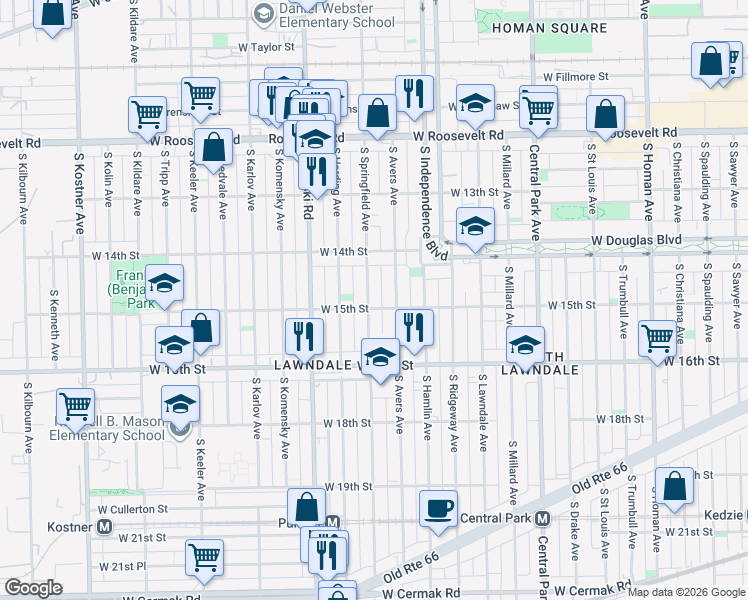 map of restaurants, bars, coffee shops, grocery stores, and more near 1500 South Springfield Avenue in Chicago