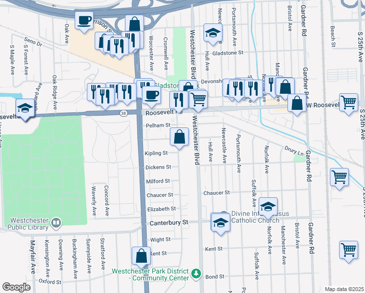 map of restaurants, bars, coffee shops, grocery stores, and more near 1341 Balmoral Avenue in Westchester