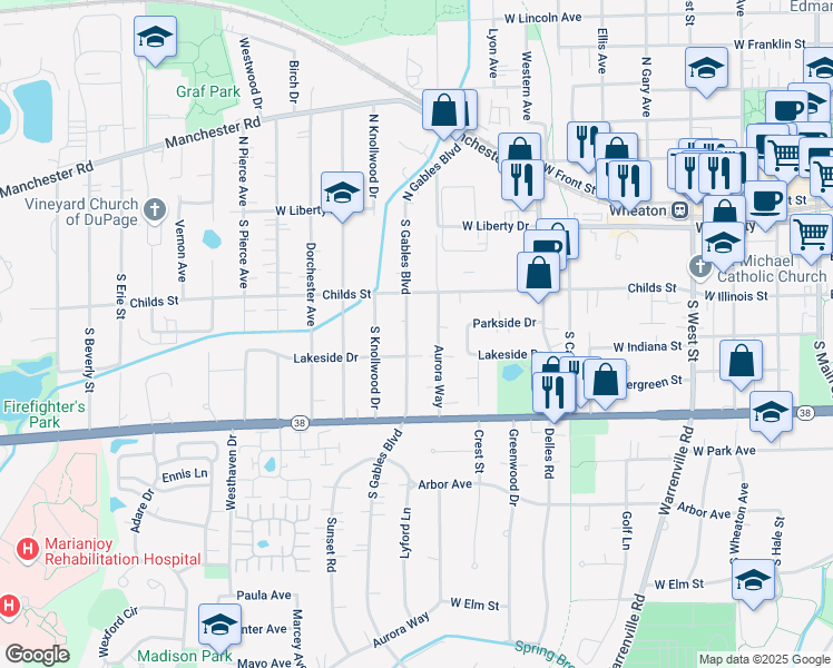 map of restaurants, bars, coffee shops, grocery stores, and more near 1017 Lakeside Drive in Wheaton
