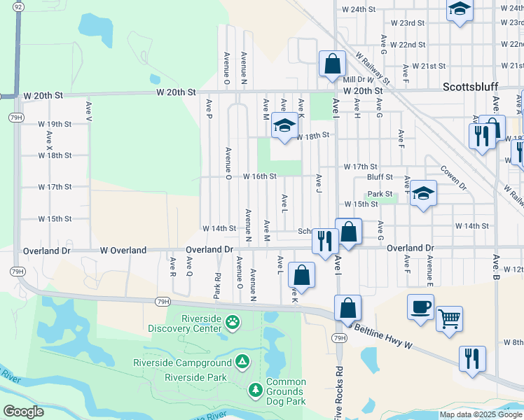 map of restaurants, bars, coffee shops, grocery stores, and more near 1402 Avenue M in Scottsbluff