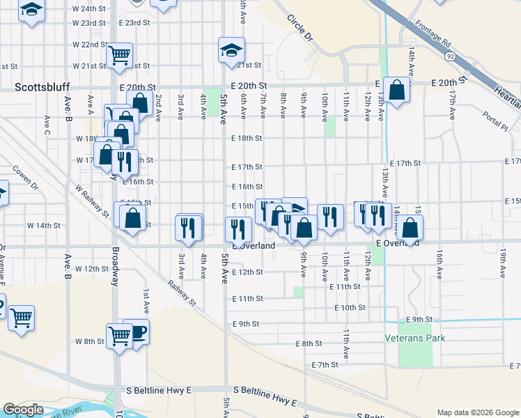 map of restaurants, bars, coffee shops, grocery stores, and more near 1408 8th Avenue in Scottsbluff