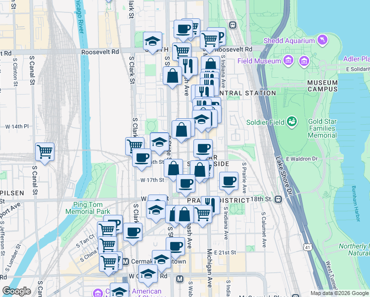 map of restaurants, bars, coffee shops, grocery stores, and more near 1528 South Wabash Avenue in Chicago