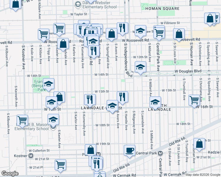 map of restaurants, bars, coffee shops, grocery stores, and more near 1500 South Springfield Avenue in Chicago