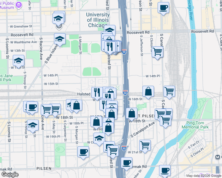 map of restaurants, bars, coffee shops, grocery stores, and more near in Chicago