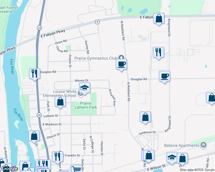 map of restaurants, bars, coffee shops, grocery stores, and more near 736 Ozier Drive in Batavia
