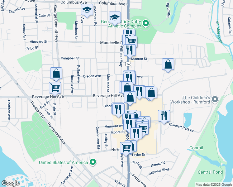 map of restaurants, bars, coffee shops, grocery stores, and more near 400 Woodhaven Road in Pawtucket