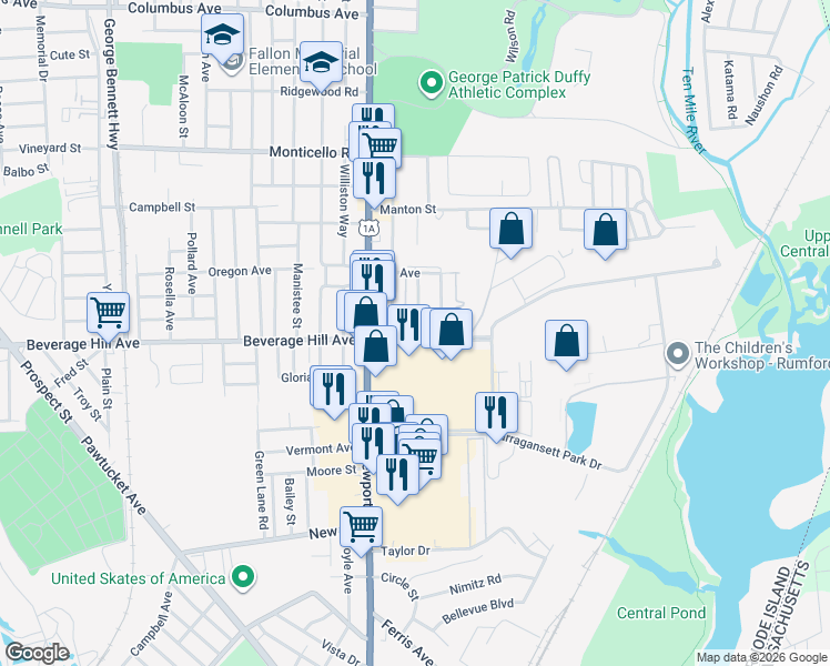 map of restaurants, bars, coffee shops, grocery stores, and more near 685 Beverage Hill Avenue in Pawtucket