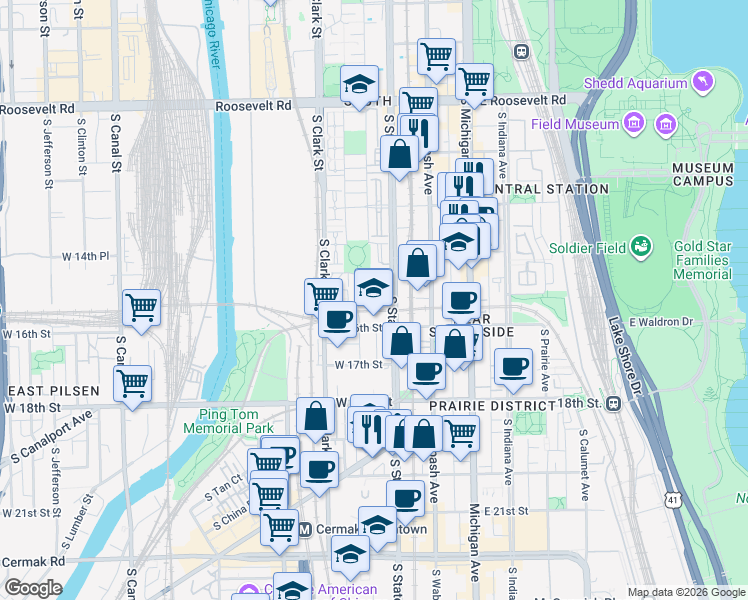 map of restaurants, bars, coffee shops, grocery stores, and more near 1530 South State Street in Chicago