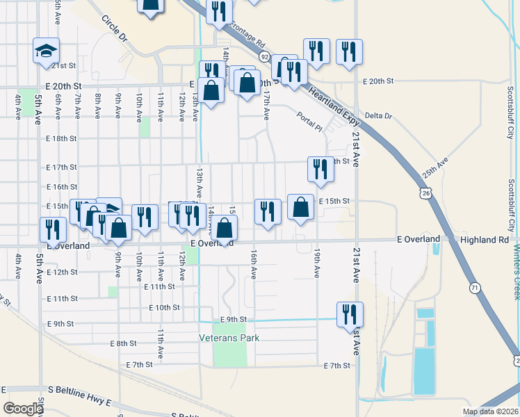 map of restaurants, bars, coffee shops, grocery stores, and more near 1321 16th Ave in Scottsbluff
