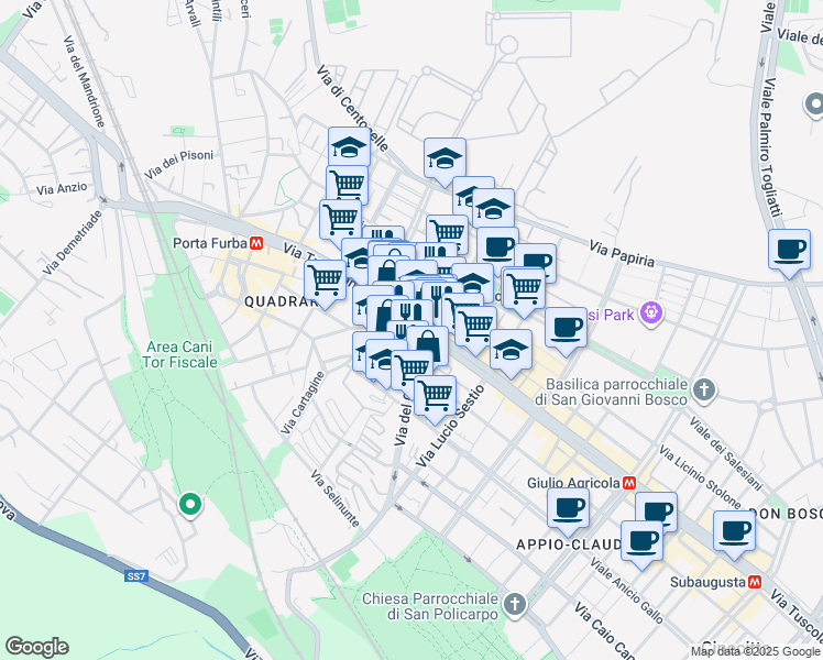 map of restaurants, bars, coffee shops, grocery stores, and more near 94 Via Cornelio Labeone in Rome
