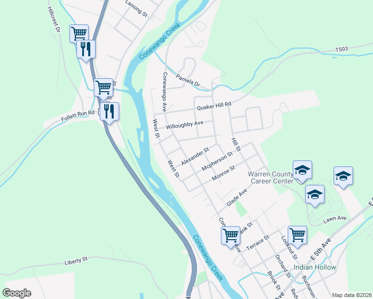 map of restaurants, bars, coffee shops, grocery stores, and more near 901 Conewango Ave in Warren