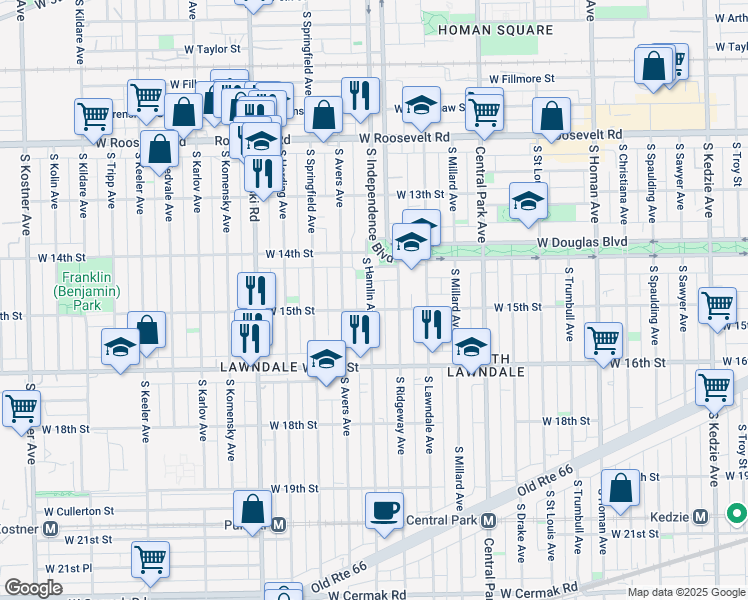 map of restaurants, bars, coffee shops, grocery stores, and more near 1455 South Hamlin Avenue in Chicago