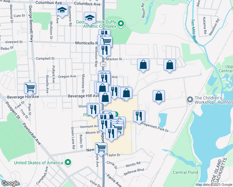map of restaurants, bars, coffee shops, grocery stores, and more near 685 Beverage Hill Avenue in Pawtucket