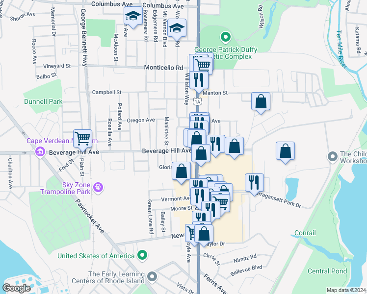 map of restaurants, bars, coffee shops, grocery stores, and more near 54 Newport Avenue in Pawtucket