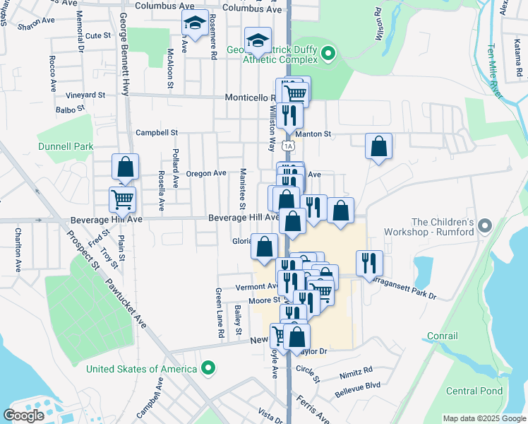 map of restaurants, bars, coffee shops, grocery stores, and more near 11 Jones Avenue in Pawtucket