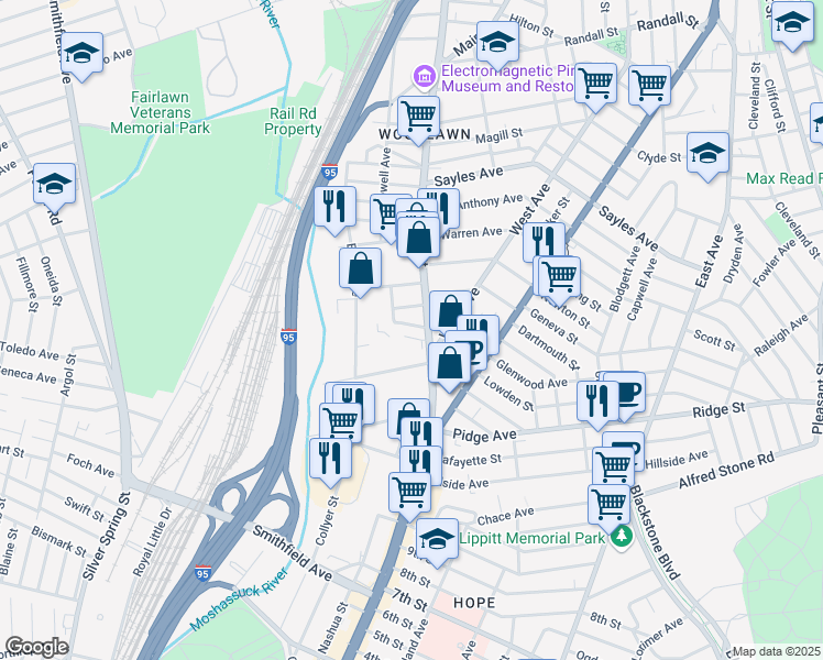 map of restaurants, bars, coffee shops, grocery stores, and more near 55 Moshassuck Street in Pawtucket