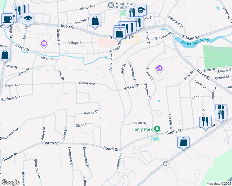 map of restaurants, bars, coffee shops, grocery stores, and more near 69 Vernon Avenue in Vernon