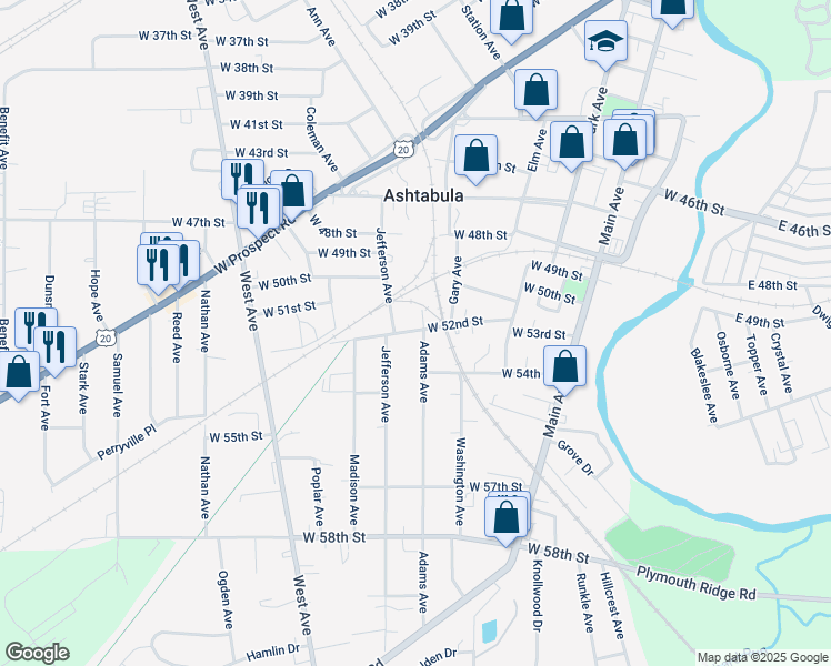 map of restaurants, bars, coffee shops, grocery stores, and more near 5307 Adams Avenue in Ashtabula