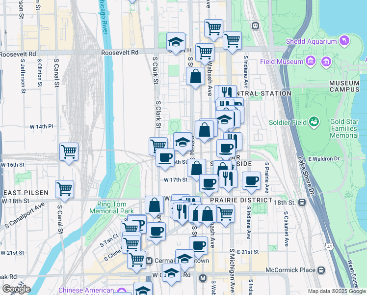 map of restaurants, bars, coffee shops, grocery stores, and more near 1550 South State Street in Chicago