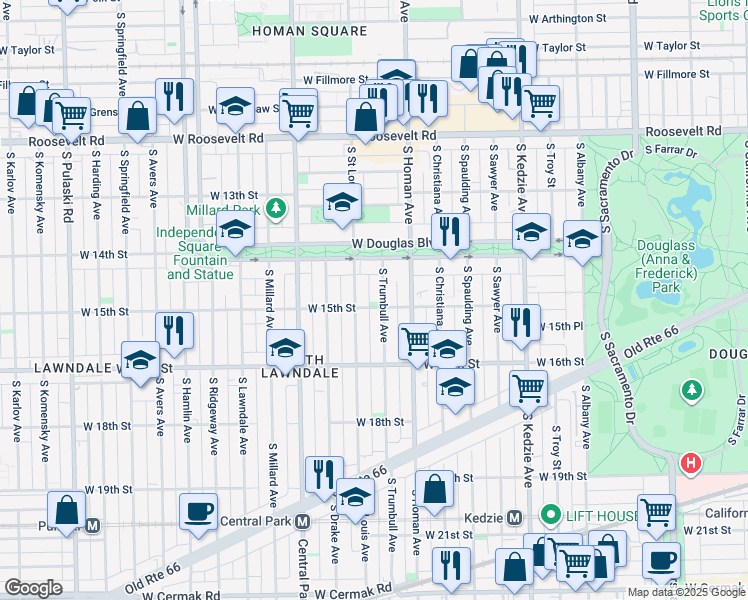 map of restaurants, bars, coffee shops, grocery stores, and more near 1509 South Saint Louis Avenue in Chicago