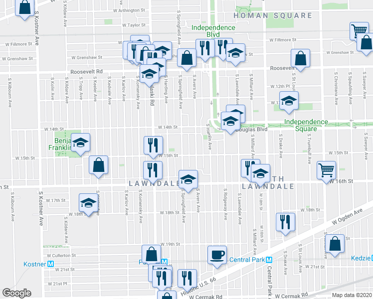 map of restaurants, bars, coffee shops, grocery stores, and more near 1502 South Avers Avenue in Chicago