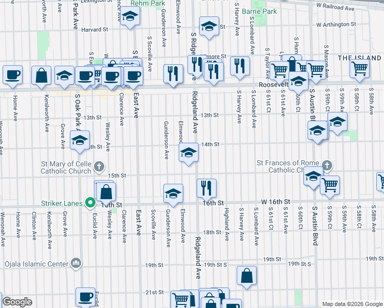 map of restaurants, bars, coffee shops, grocery stores, and more near 1430 Elmwood Avenue in Berwyn