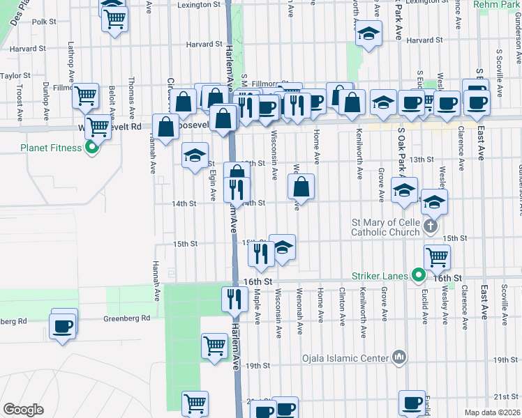 map of restaurants, bars, coffee shops, grocery stores, and more near 1427 Maple Avenue in Berwyn