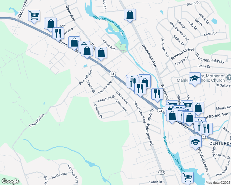 map of restaurants, bars, coffee shops, grocery stores, and more near 10 Chestnut Street in Johnston