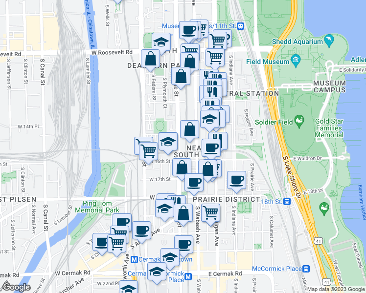 map of restaurants, bars, coffee shops, grocery stores, and more near 10 West 16th Street in Chicago