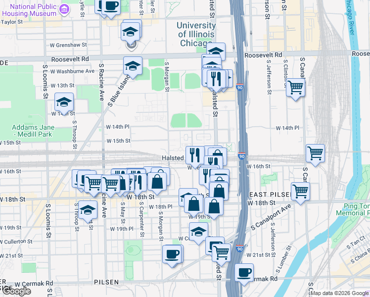 map of restaurants, bars, coffee shops, grocery stores, and more near 1517 West 16th Street in Chicago