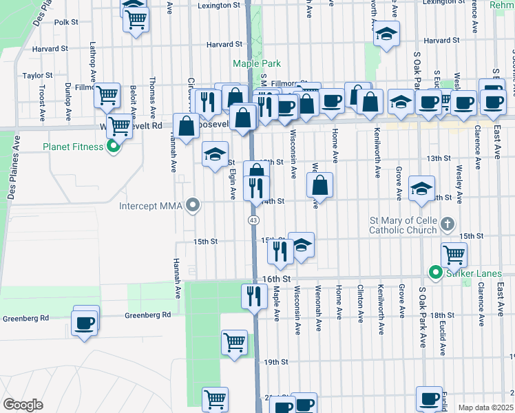 map of restaurants, bars, coffee shops, grocery stores, and more near 1419 Illinois 43 in Berwyn