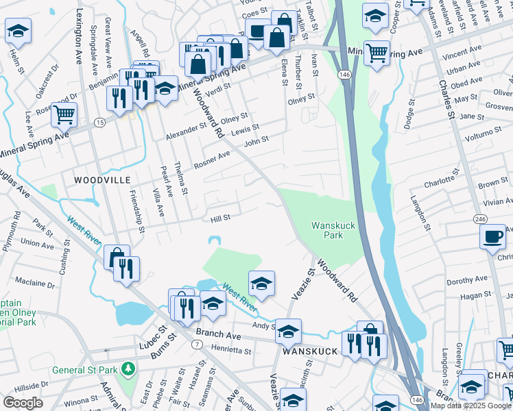map of restaurants, bars, coffee shops, grocery stores, and more near 24 Yolande Drive in Providence