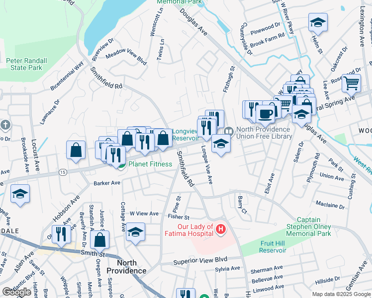 map of restaurants, bars, coffee shops, grocery stores, and more near 461 Smithfield Road in North Providence