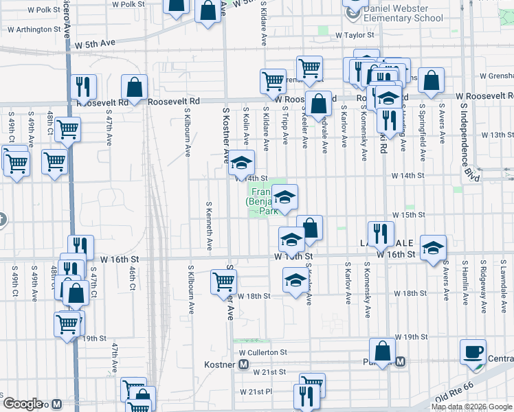 map of restaurants, bars, coffee shops, grocery stores, and more near 4320 West 15th Street in Chicago