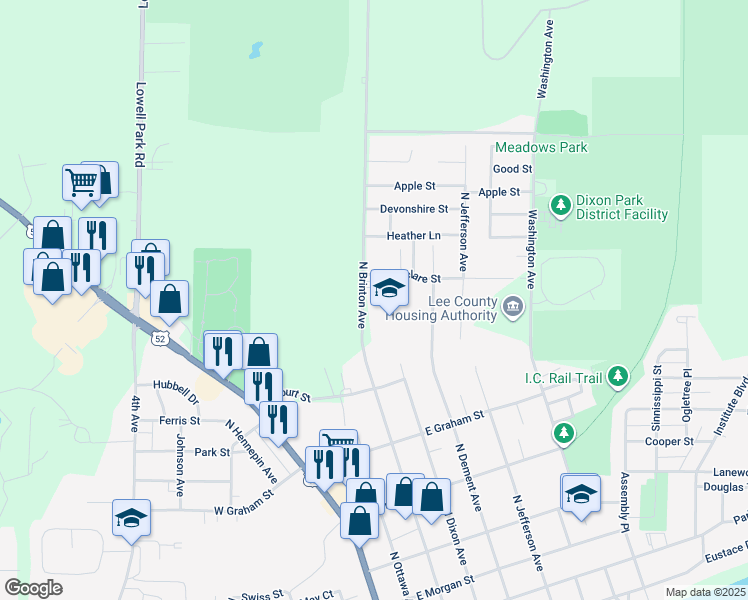 map of restaurants, bars, coffee shops, grocery stores, and more near 1116 North Brinton Avenue in Dixon