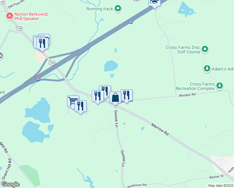 map of restaurants, bars, coffee shops, grocery stores, and more near 3 Rhodes Road in Tolland