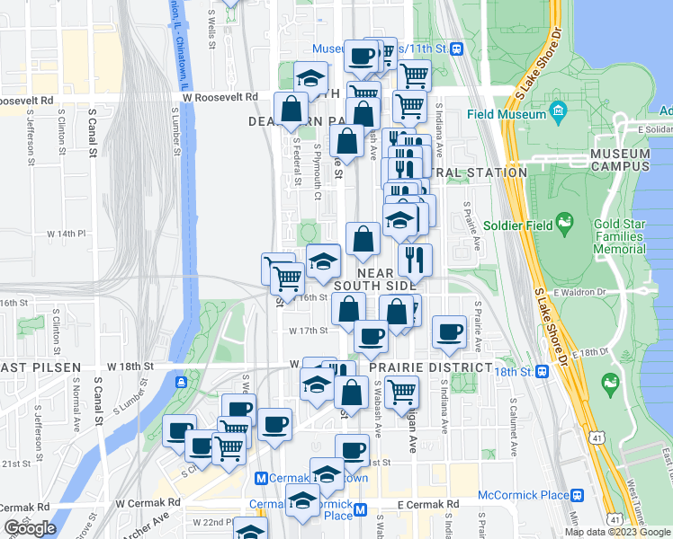 map of restaurants, bars, coffee shops, grocery stores, and more near 10 West 16th Street in Chicago