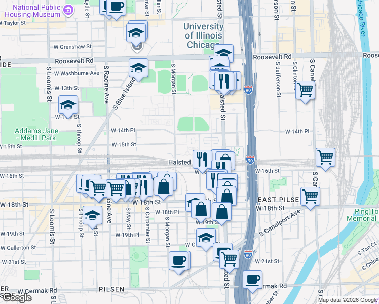 map of restaurants, bars, coffee shops, grocery stores, and more near 1525 South Sangamon Street in Chicago