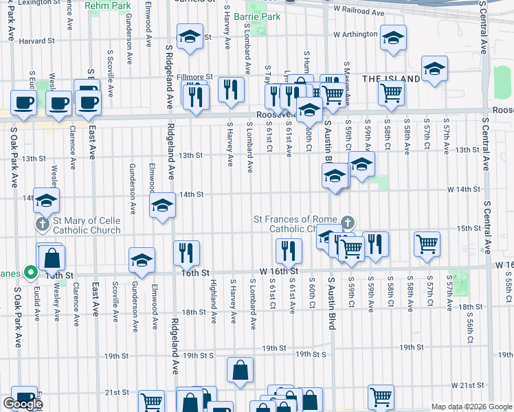 map of restaurants, bars, coffee shops, grocery stores, and more near 1435 South Lombard Avenue in Cicero