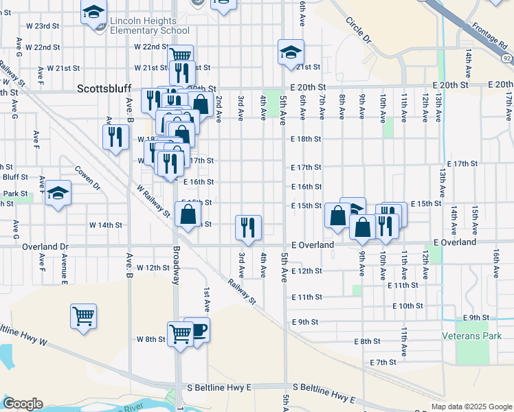 map of restaurants, bars, coffee shops, grocery stores, and more near 1424 4th Avenue in Scottsbluff