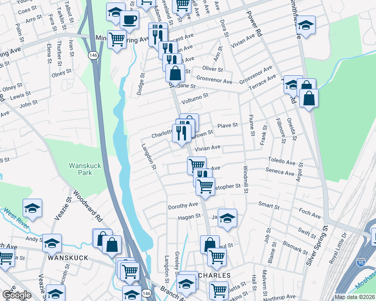 map of restaurants, bars, coffee shops, grocery stores, and more near 868 Charles Street in North Providence