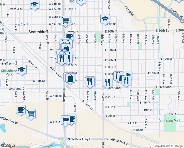 map of restaurants, bars, coffee shops, grocery stores, and more near 1424 4th Avenue in Scottsbluff