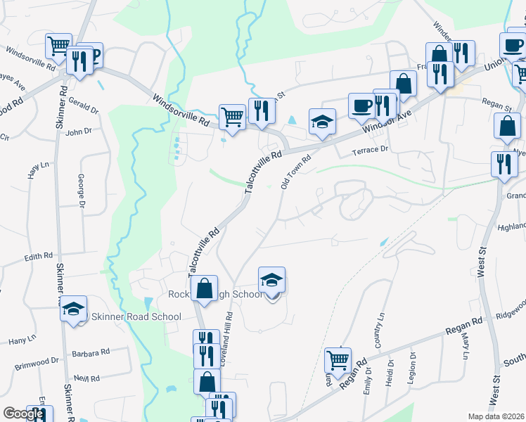 map of restaurants, bars, coffee shops, grocery stores, and more near 55 Old Town Road in Vernon